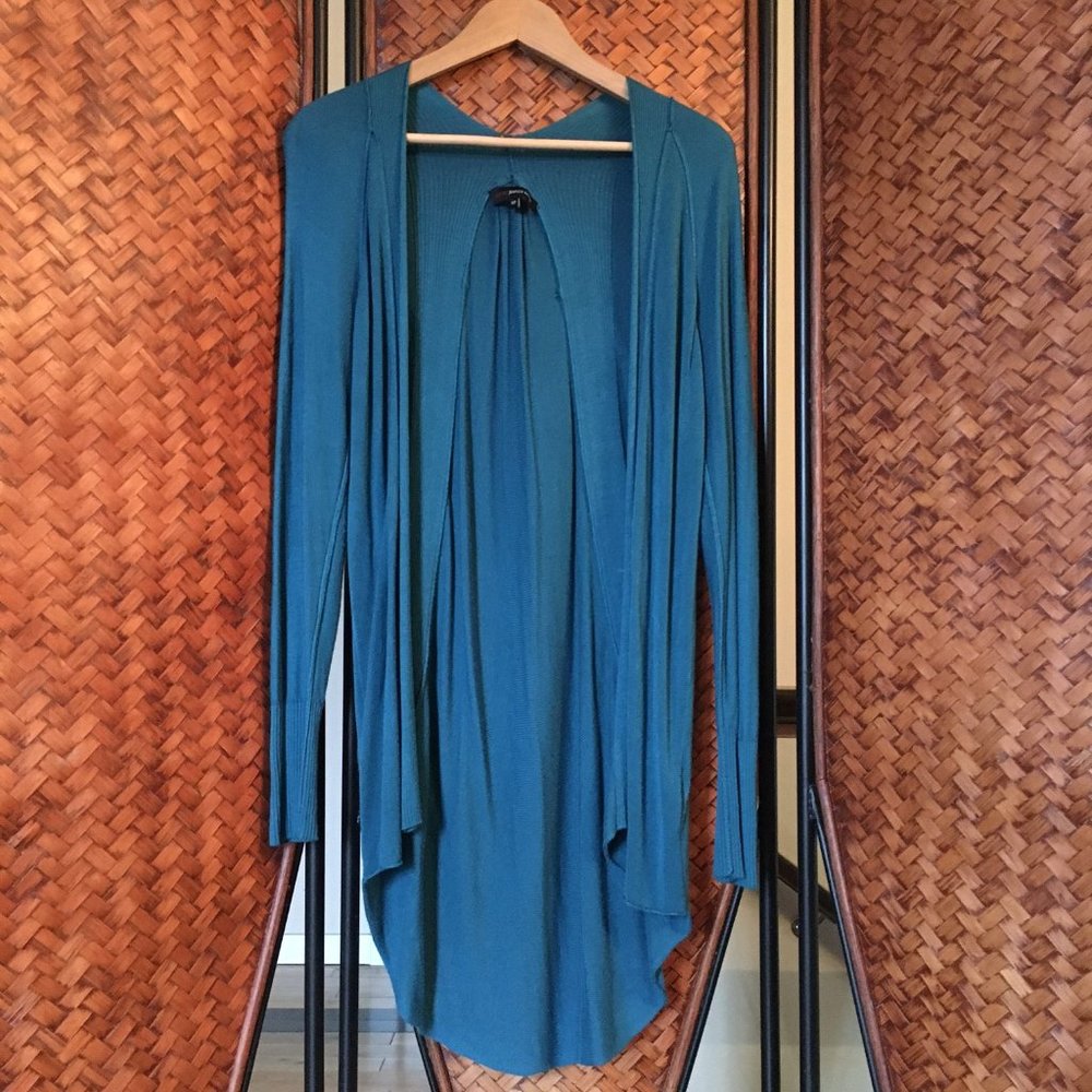 Jeanne Beker Peacock Blue Pleated Knit Open Waterfall Cardigan S
